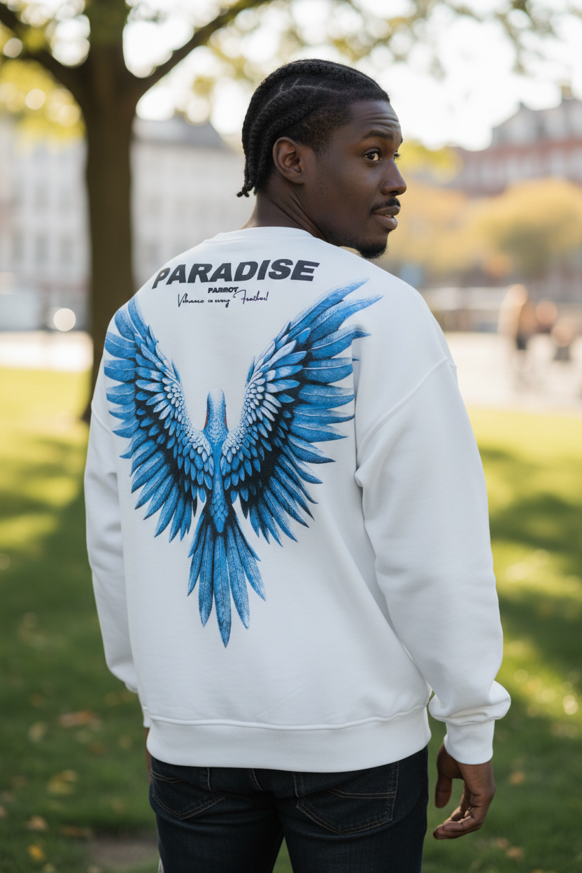 Men’s White Sweatshirt with Blue Wing Back Print