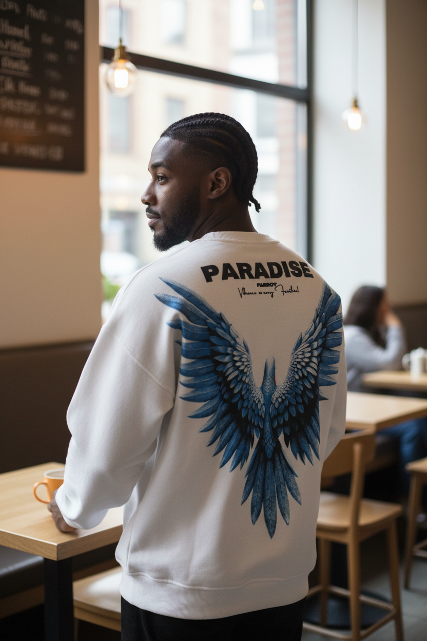 Men’s White Sweatshirt with Blue Wing Back Print