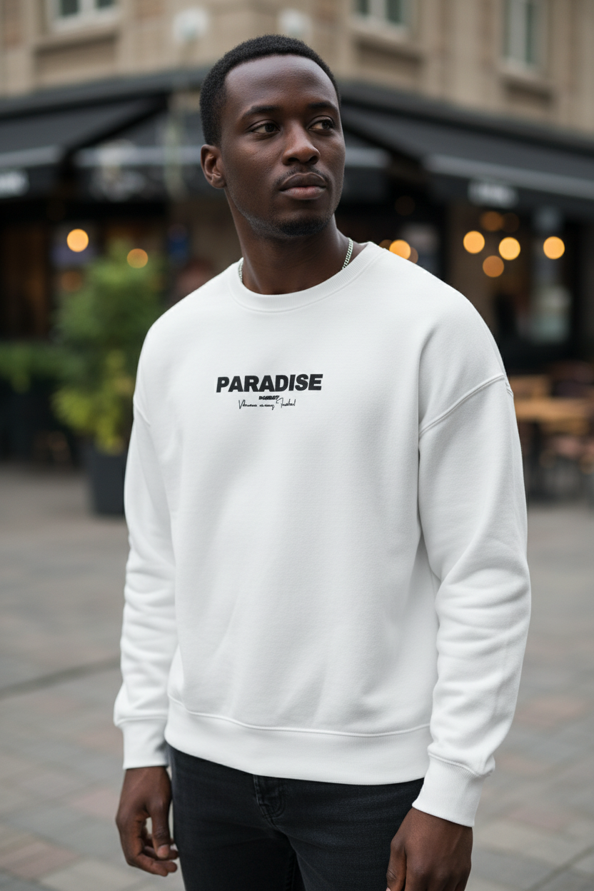 Men’s White Sweatshirt with Blue Wing Back Print
