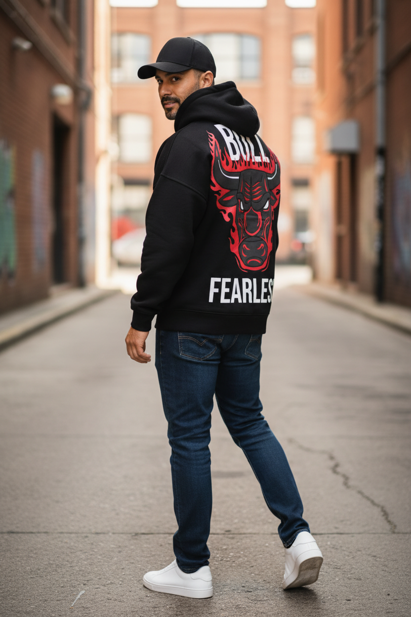 Men’s FEARLESS Hoodie – Red Bull Flame Back Print