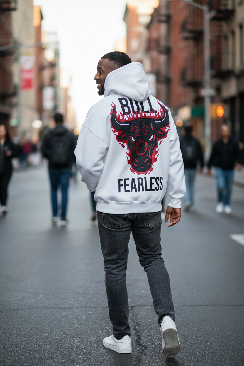 Men’s FEARLESS Hoodie – Red Bull Flame Back Print