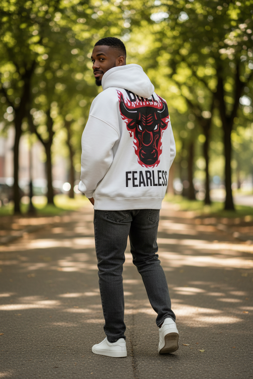 Men’s FEARLESS Hoodie – Red Bull Flame Back Print