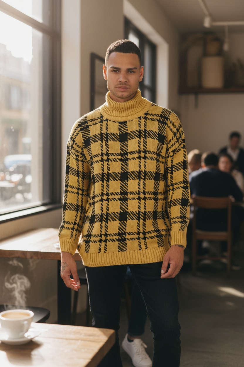 Men’s Turtleneck Patterned Knit Sweater