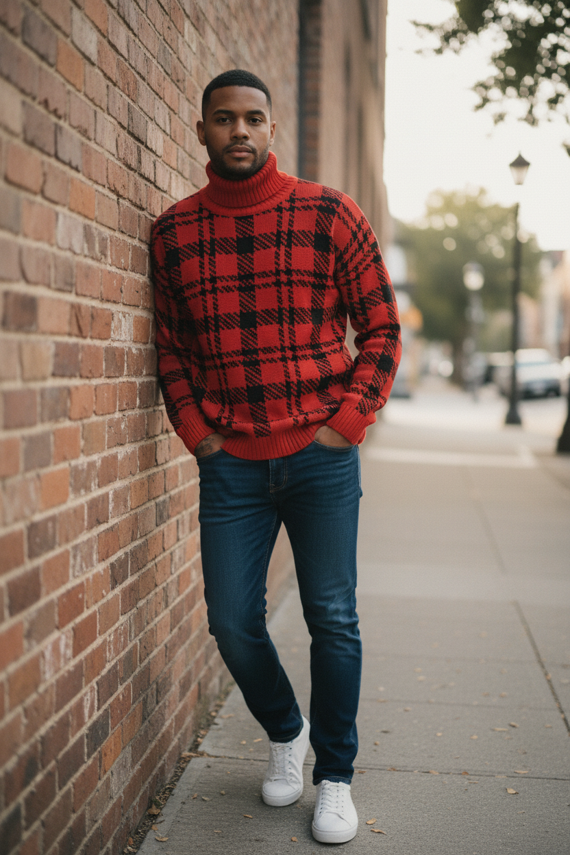 Men’s Turtleneck Patterned Knit Sweater