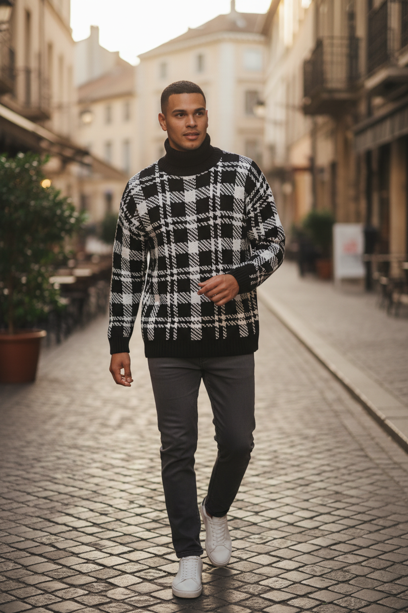 Men’s Turtleneck Patterned Knit Sweater