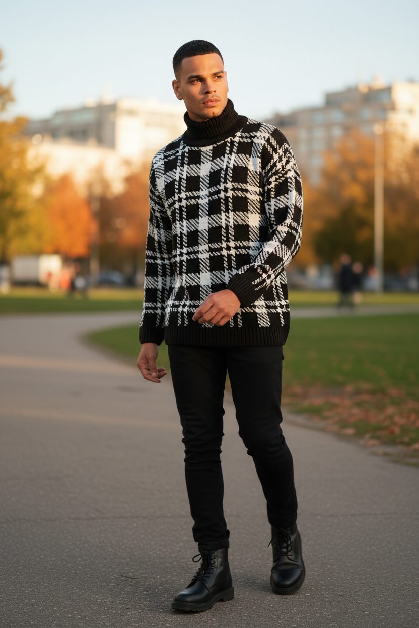 Men’s Turtleneck Patterned Knit Sweater